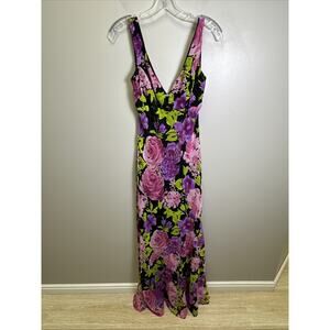CDC Maxi Dress 8‎ Flowy Ruffled Floral Black Purple V Neck 90s Y2K Gemstones